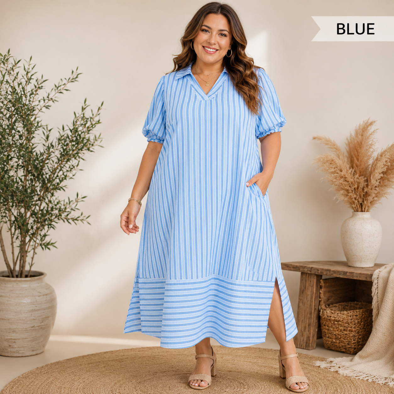 Striped Puff Sleeve Midi Dress