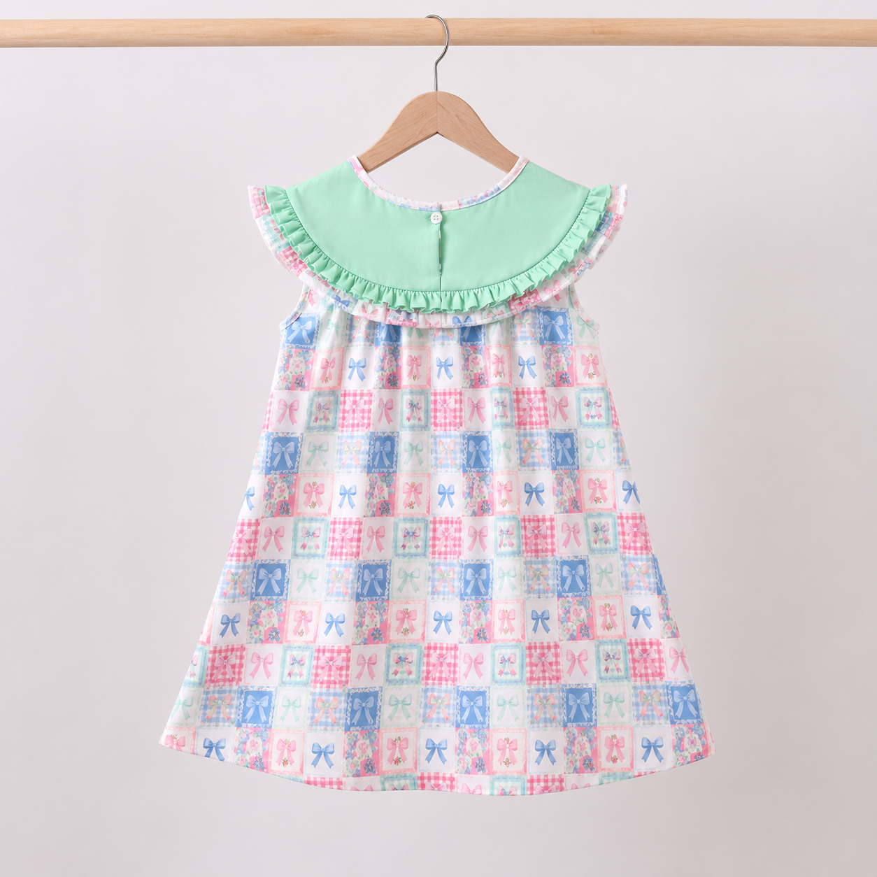 Girls Green Bow Checkered Dress