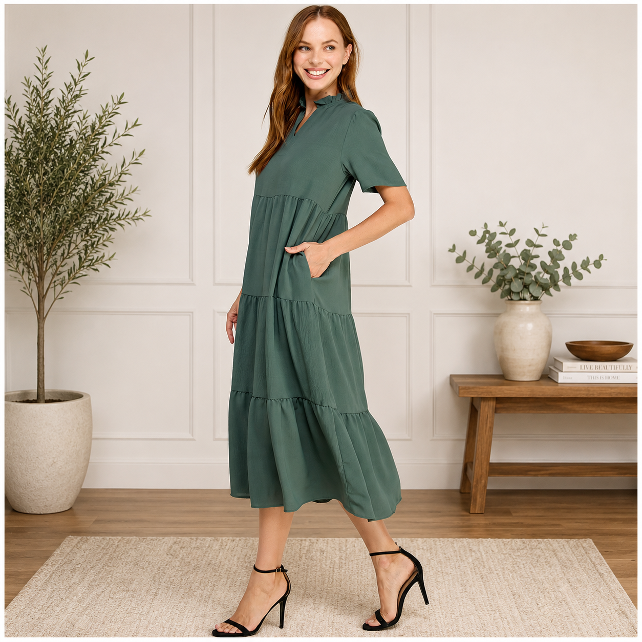 Dusty Teal Ruffled Maxi Dress