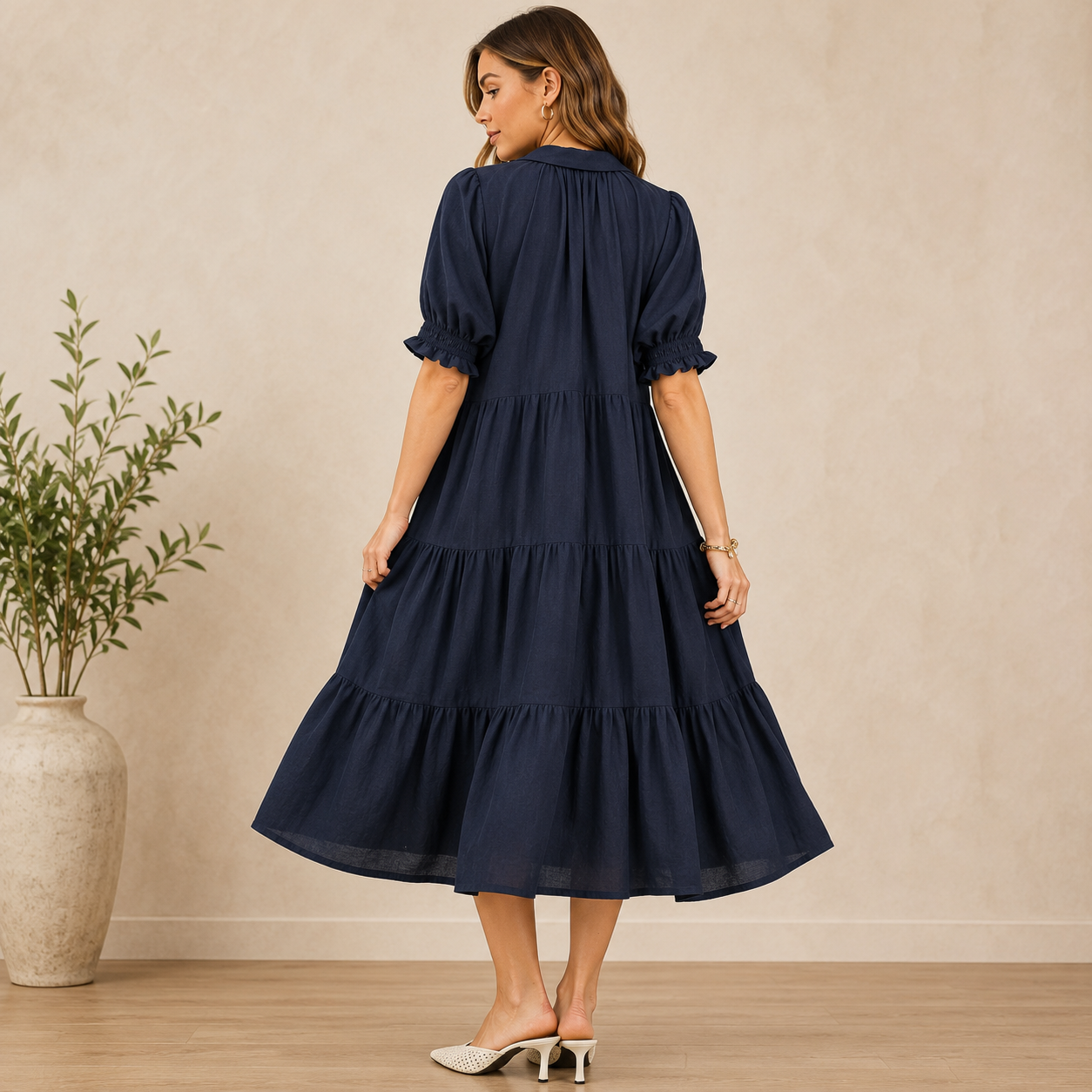 Navy Solid Tiered Midi Dress