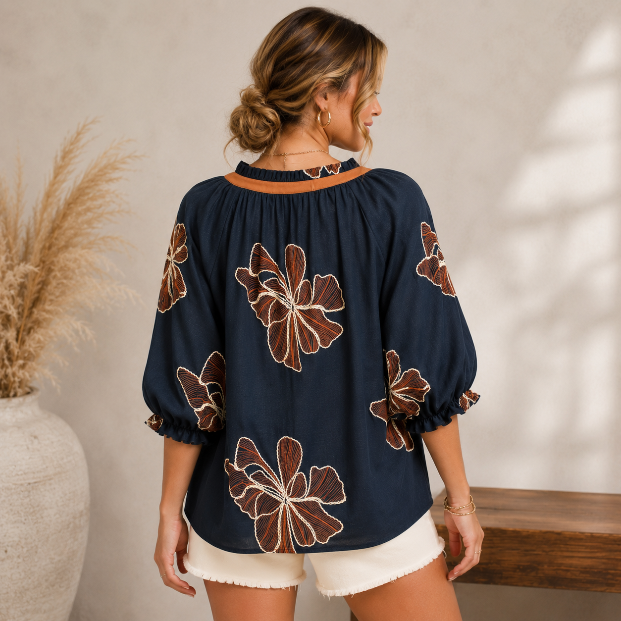 Navy Floral Embroidered V-Neck Top