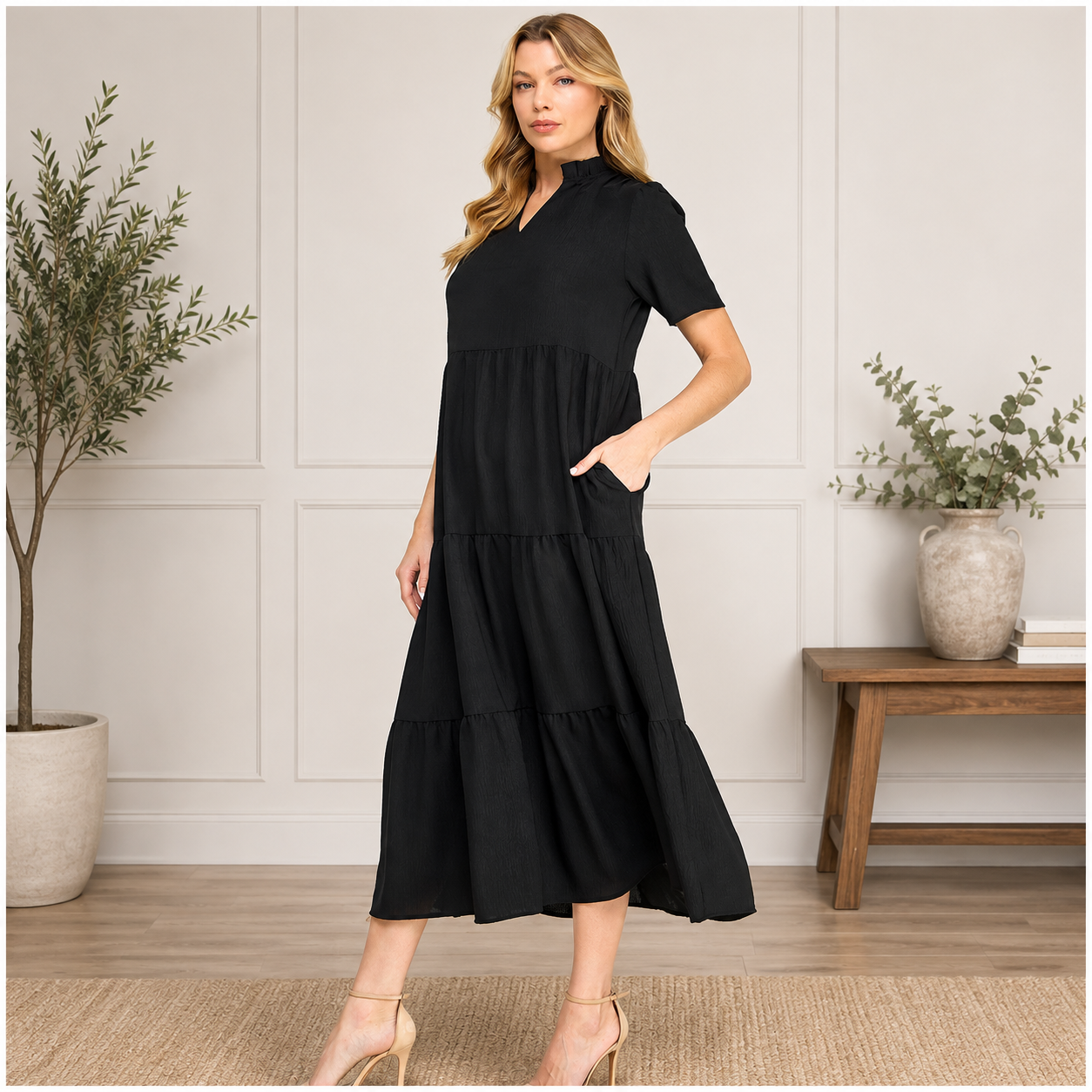Black Ruffle Neck Maxi Dress