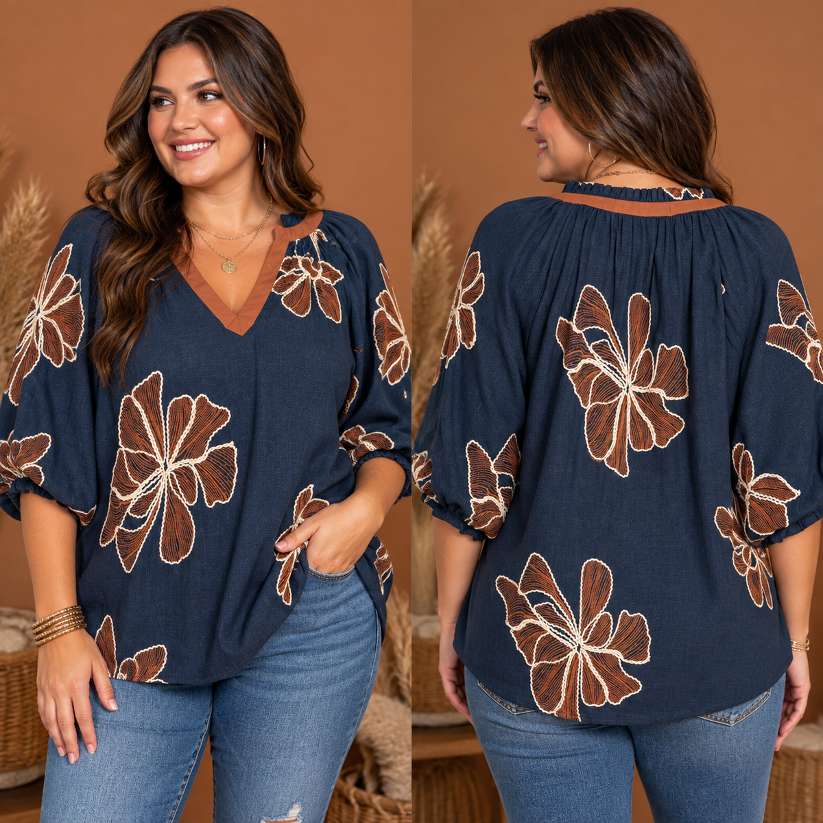 Navy Harvest Embroidered Top