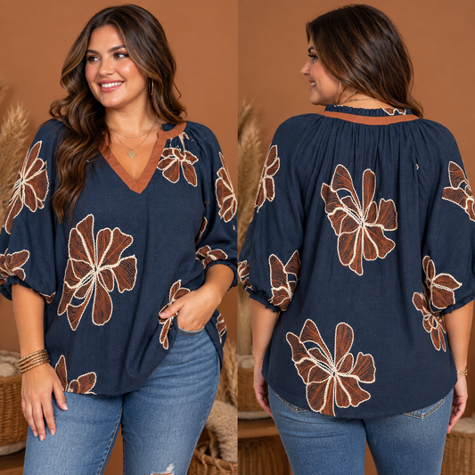 Navy Harvest Embroidered Top
