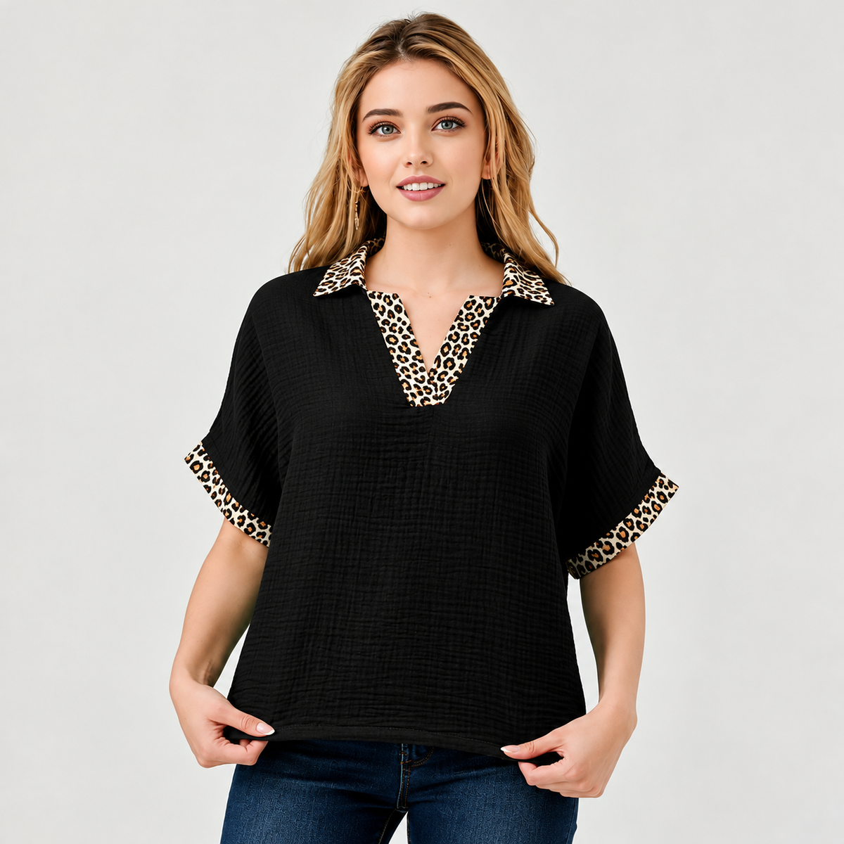 Leopard Trim Short Sleeve Top