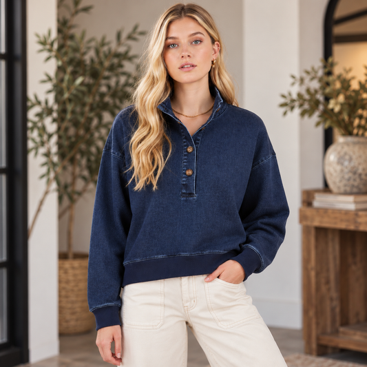 Washed Mock Neck Button Pullover