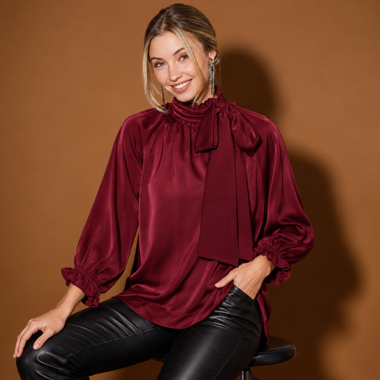 Wine Satin Tie Neck Blouse