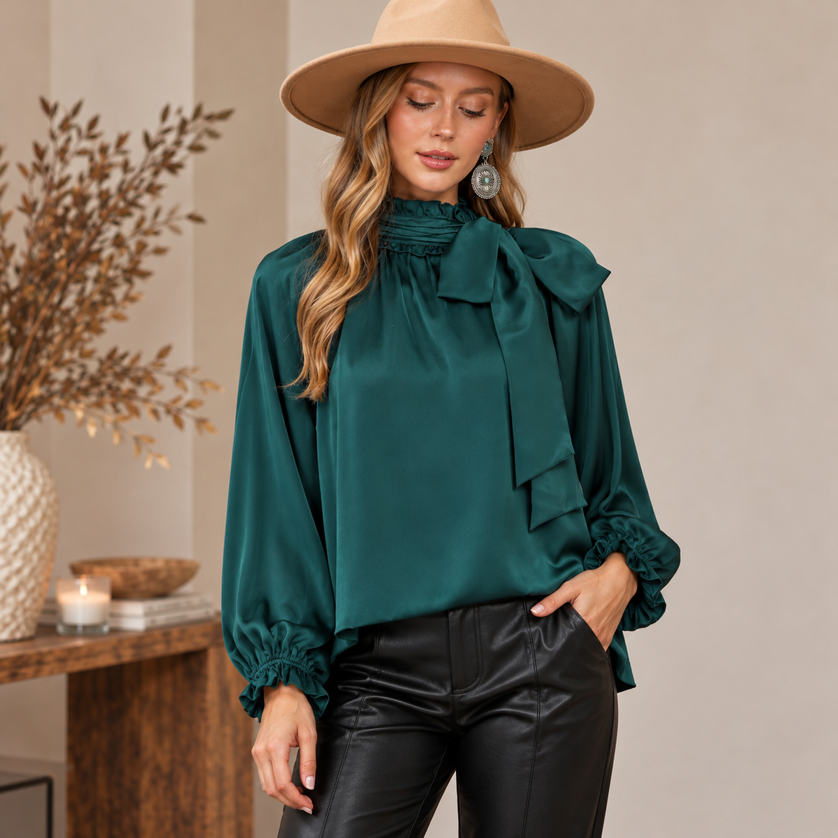 Navy Blue Satin Tie Neck Blouse
