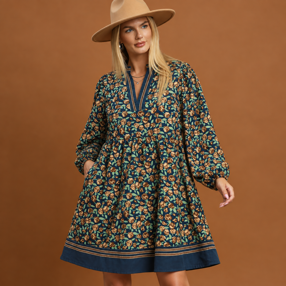 Navy Blooms Babydoll Dress