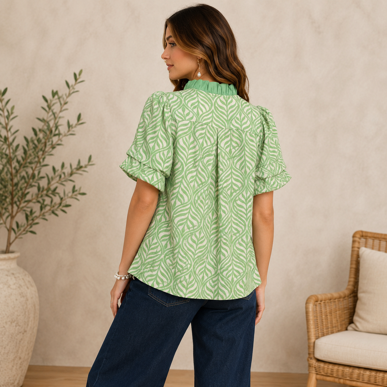 Green Printed Sleeve Ruffle Neck Top
