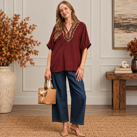 Leopard Trim Sleeve Blouse
