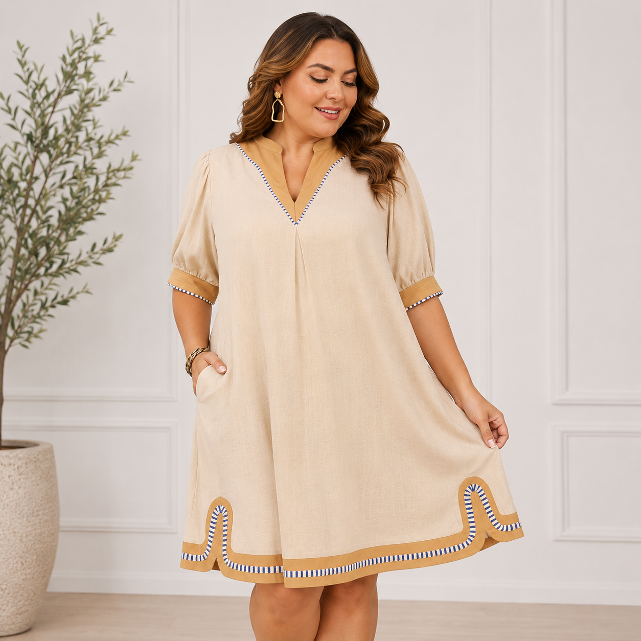 Linen Contrast Trim Midi Dress
