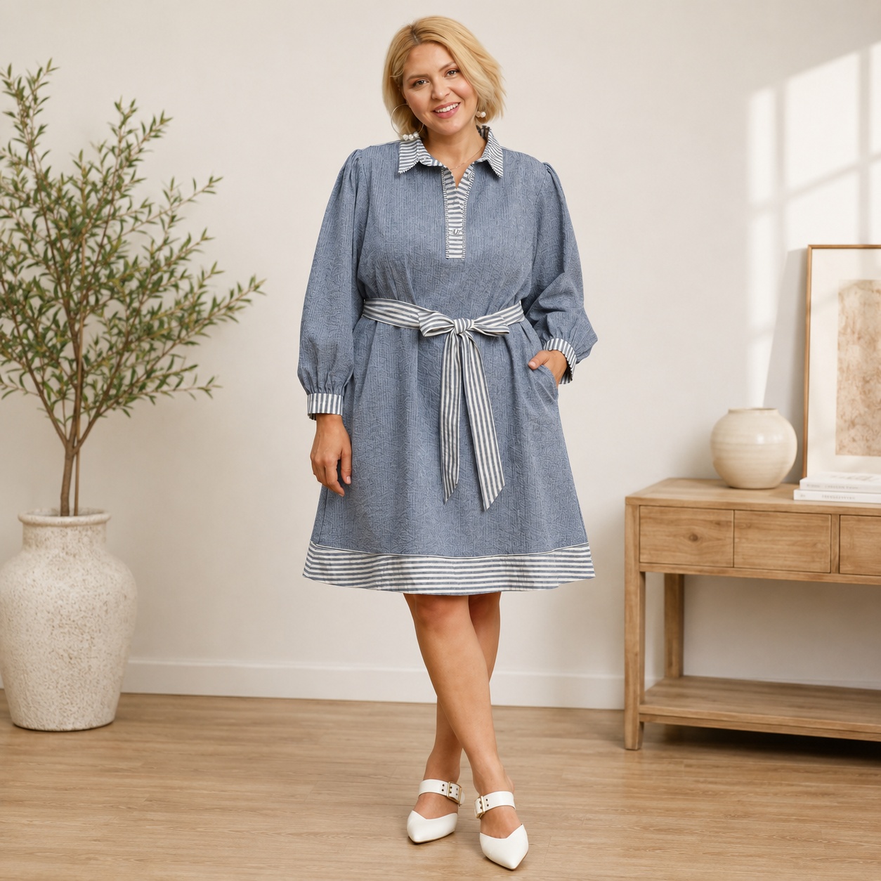 Denim Striped Belted Mini Dress