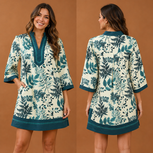 Teal Botanical Print Shift Dress