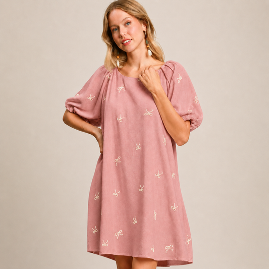 Linen Rose Bow High Low Dress