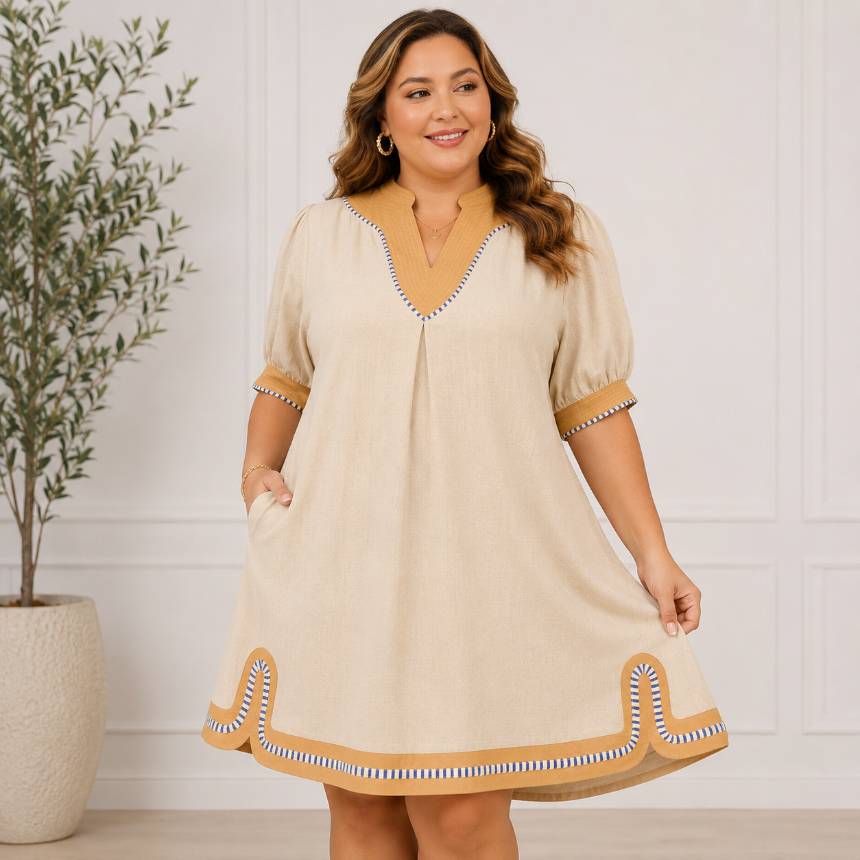Linen Contrast Trim Midi Dress
