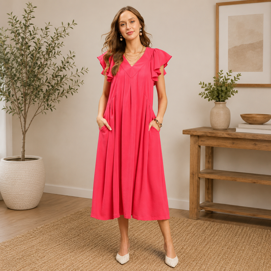 Pink Ruffle Sleeve V-Neck Midi Dress