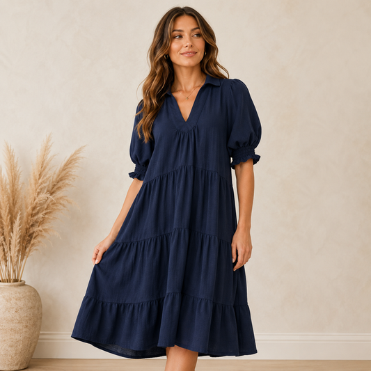 Navy Solid Tiered Midi Dress