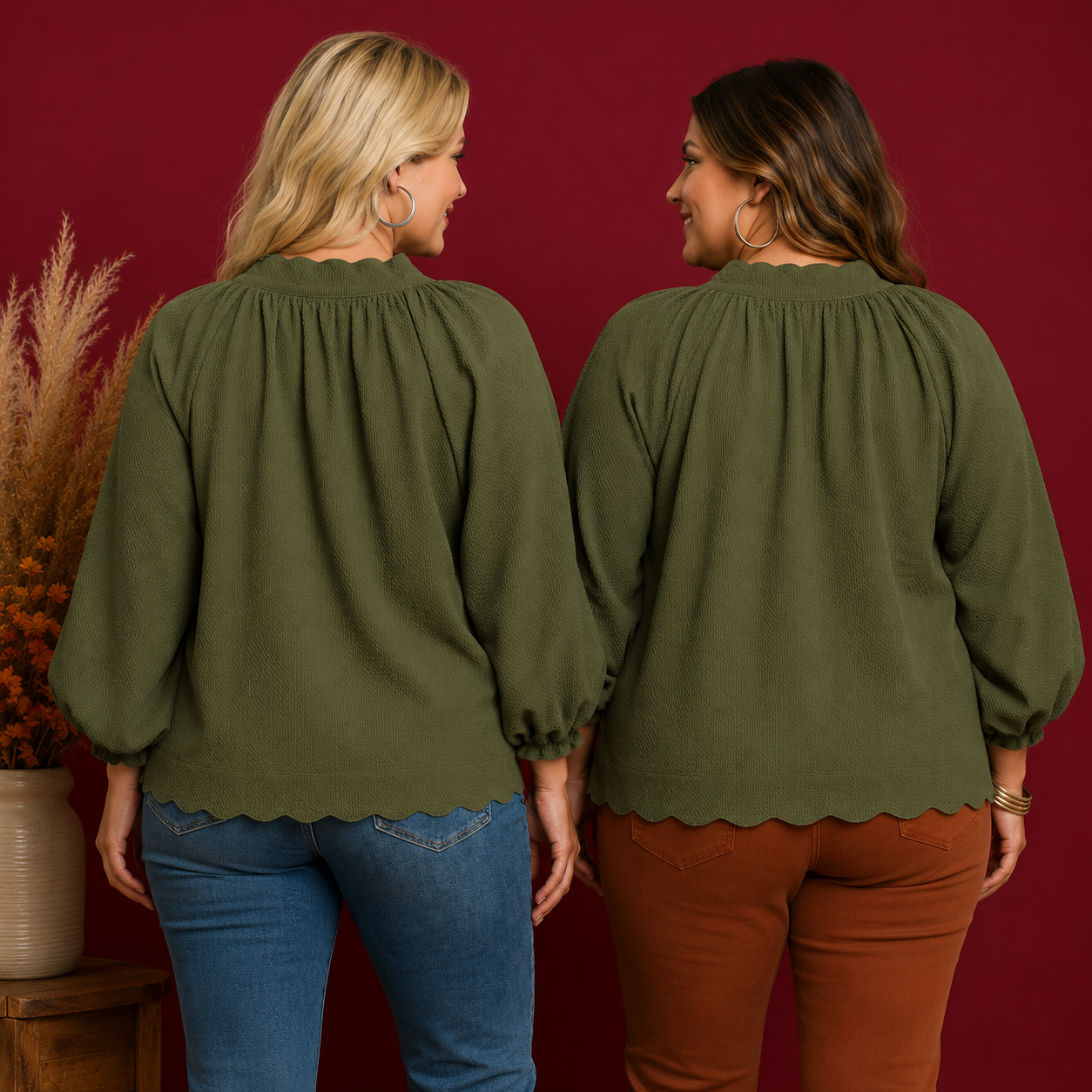 Olive Green Split V-Neck Top