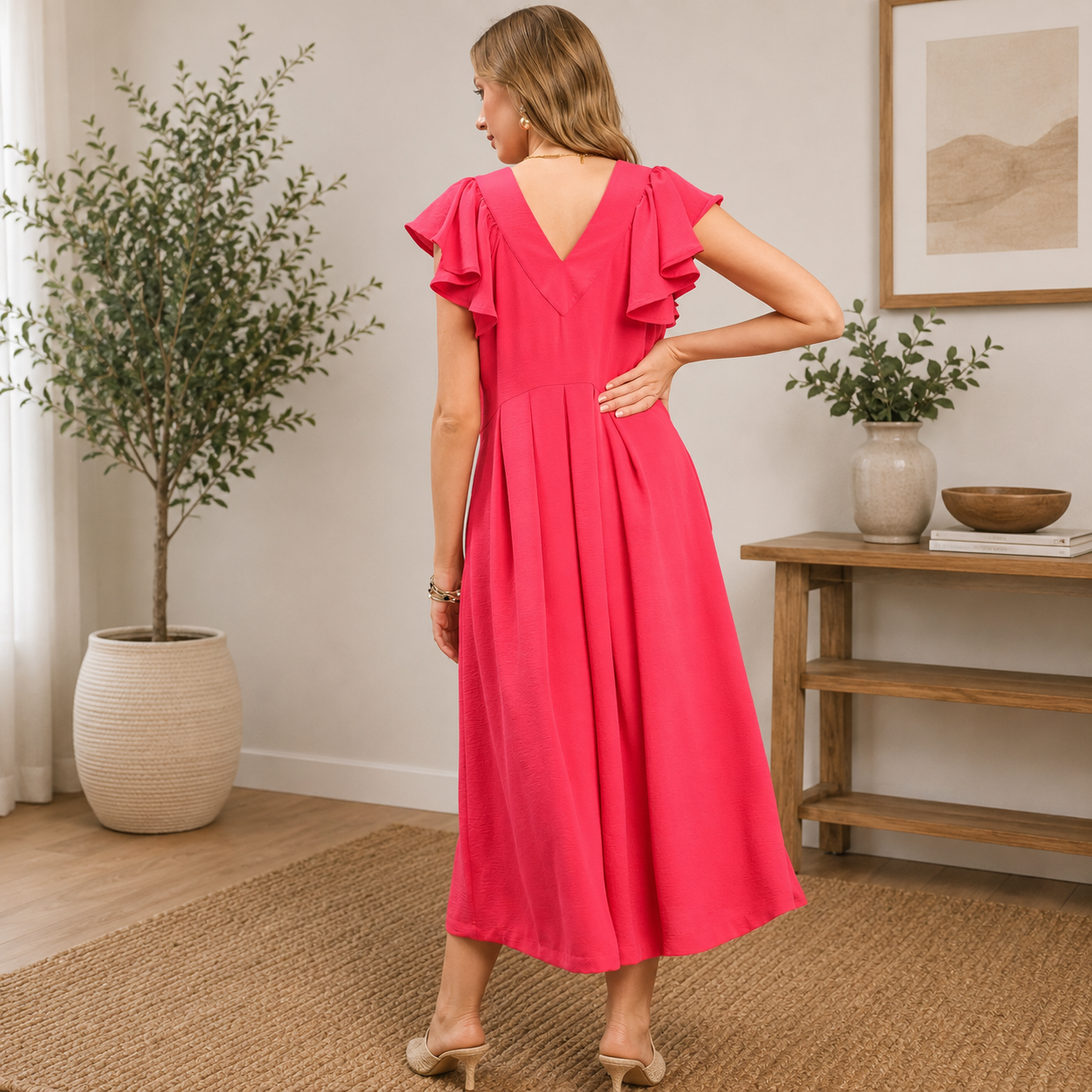 Pink Ruffle Sleeve V-Neck Midi Dress
