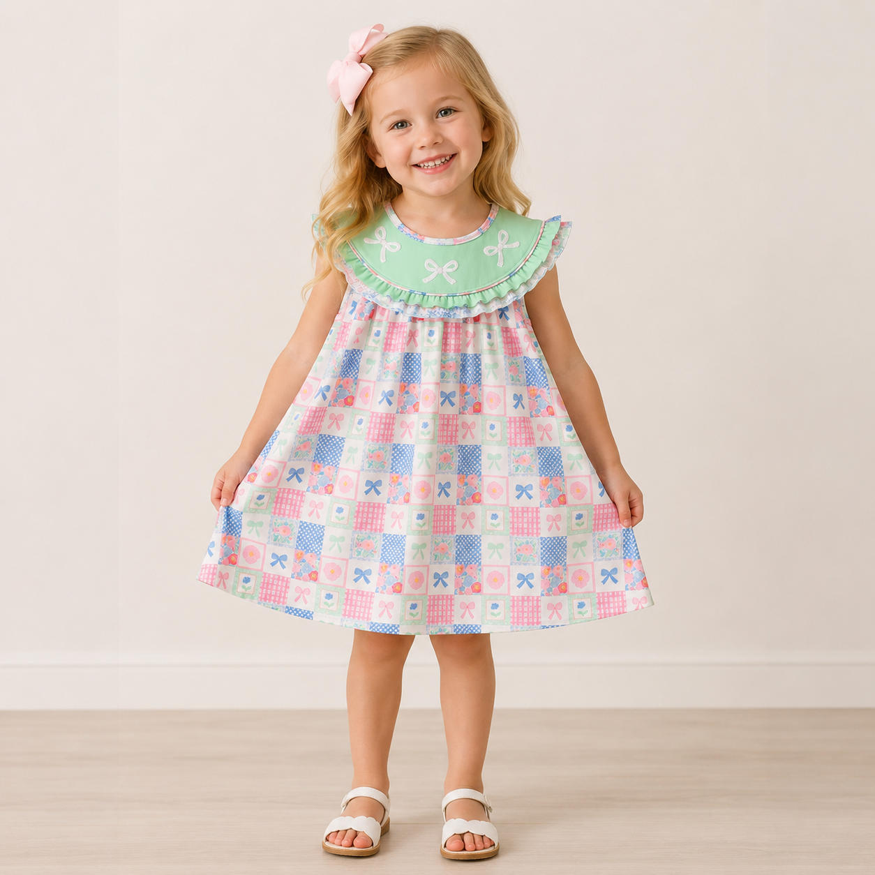 Girls Green Bow Checkered Dress