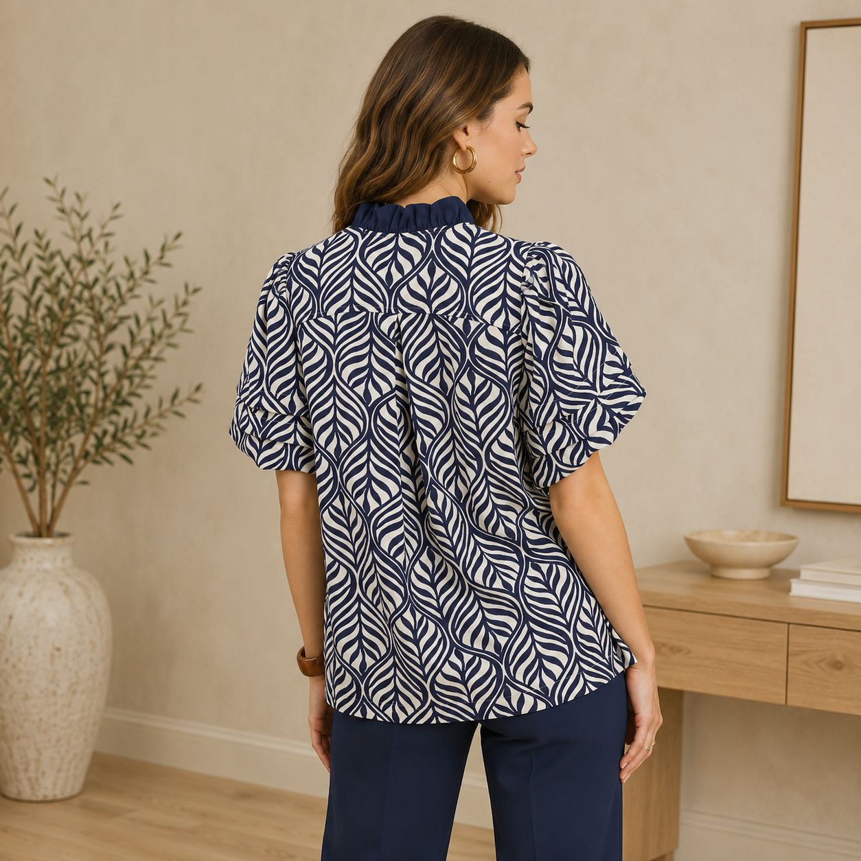 Navy Blue Printed Ruffle Neck Top