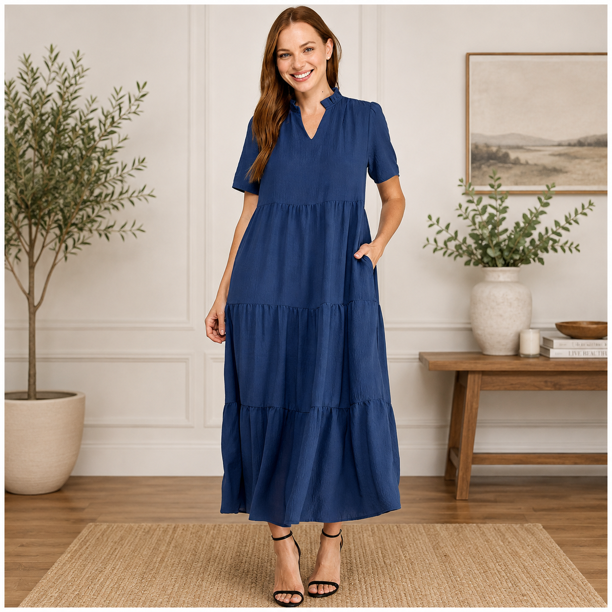 Navy Ruffle Neck Maxi Dress