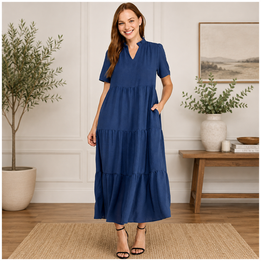 Navy Ruffle Neck Maxi Dress