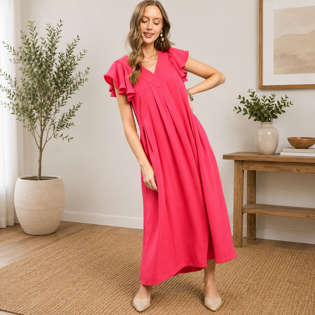 Pink Ruffle Sleeve V-Neck Midi Dress