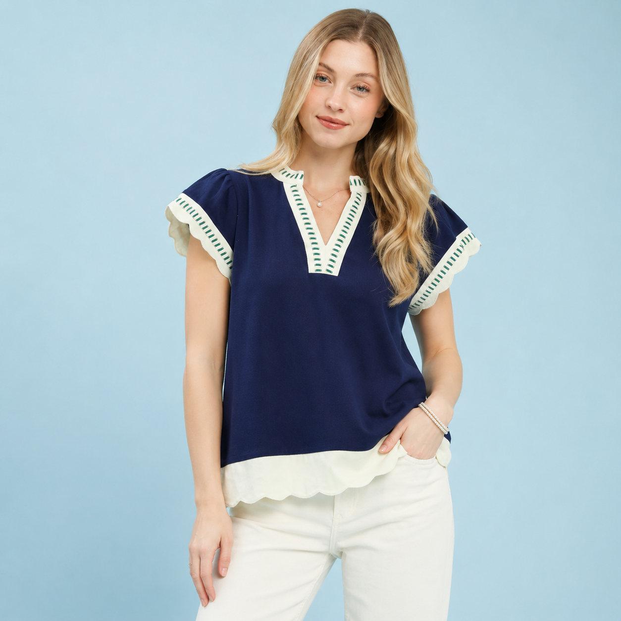 Navy Linen Flutter Sleeve Top
