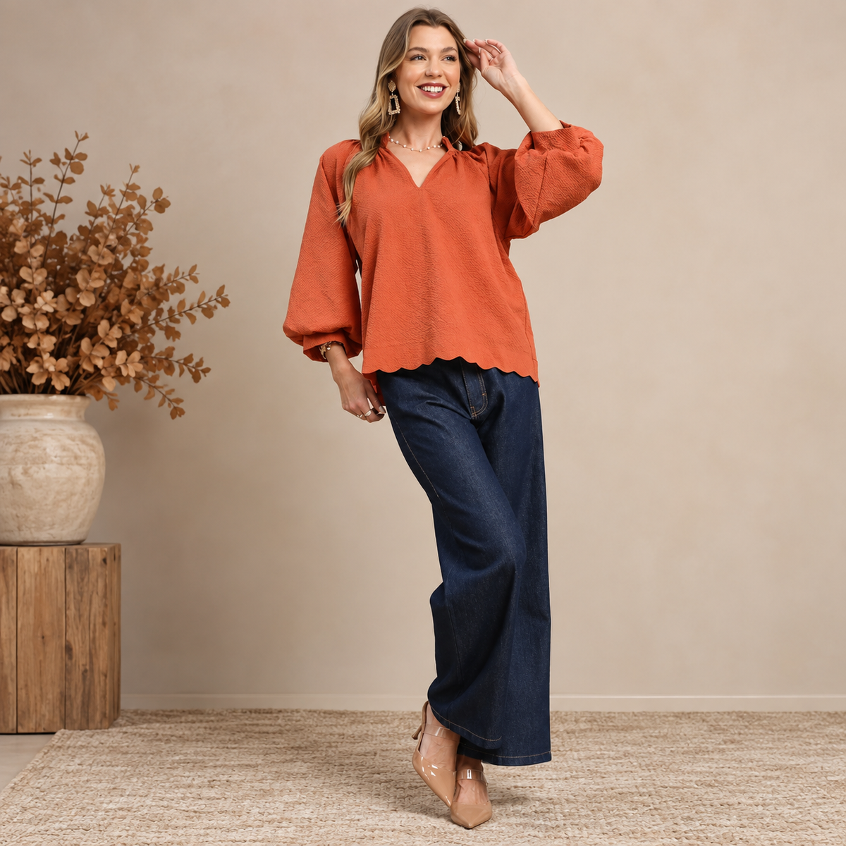 Rust Split V-Neck Top