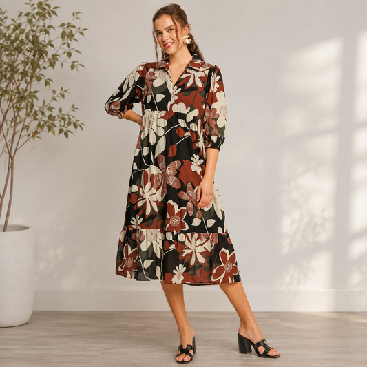 Rust Mix Floral Print Tiered Dress
